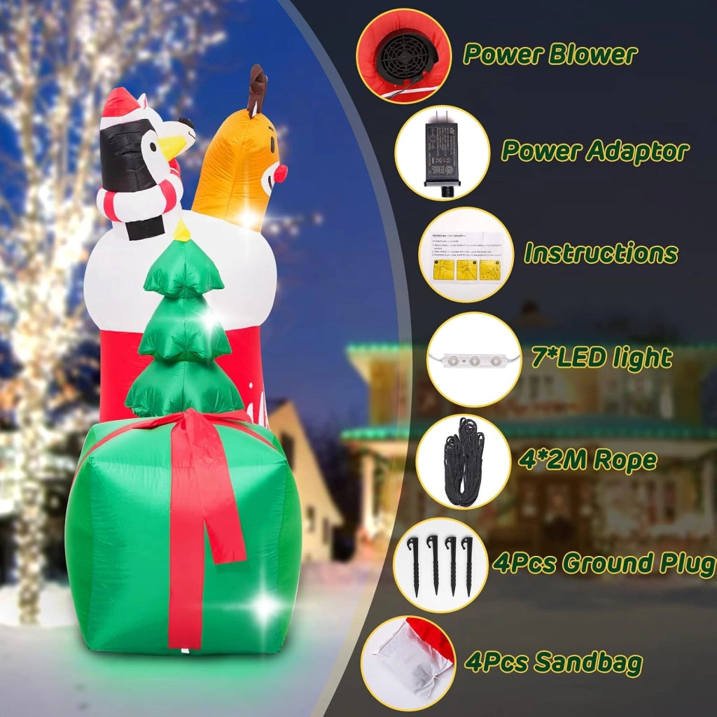 Calza di Natale Gonfiabile con Pupazzo e Regalo 250cm Luci LED Decorazione Natalizia da Esterno