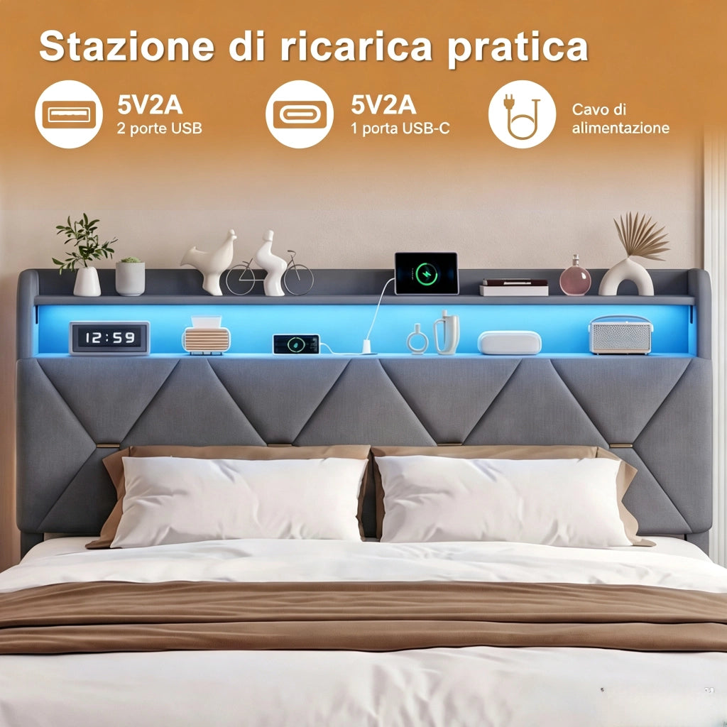 Letto matrimoniale 160x200 cm con contenitore LED USB Type-C testiera rete a doghe tessuto - grigio