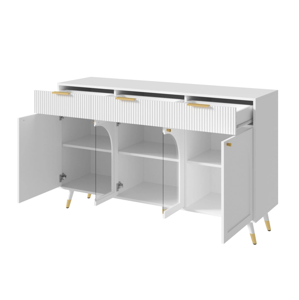 Credenza ULEVR 140x40x85,5 cm con 4 ante in acrilico trasparente e 3 cassetti, bianca