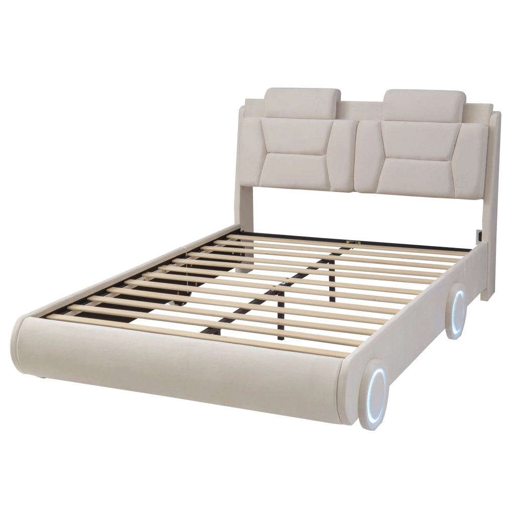 Letto Imbottito per Bambini a Forma di Auto 140 x 200 cm Beige in Flanella - Senza Materasso