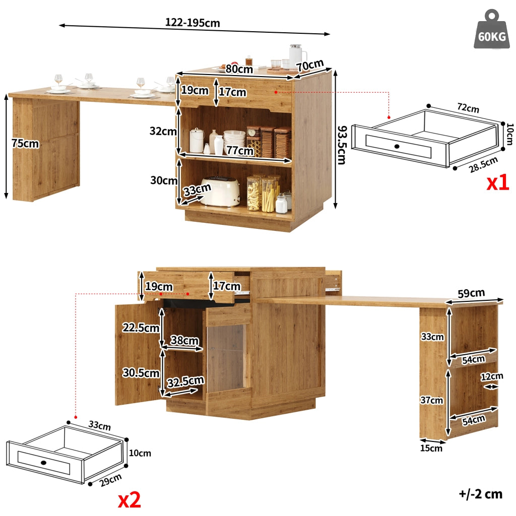 Isola da cucina con tavolo estraibile LED controllabile tramite app e telecomando in MDF colore legno 122-195 cm