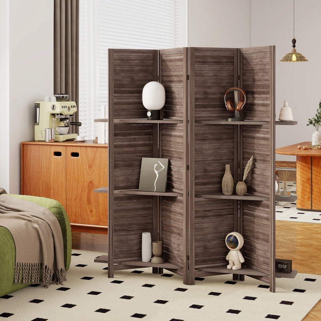 Paravento divisorio pieghevole ¨C Xylo ¨C legno noce 4 pannelli 160x170 cm con 3 ripiani