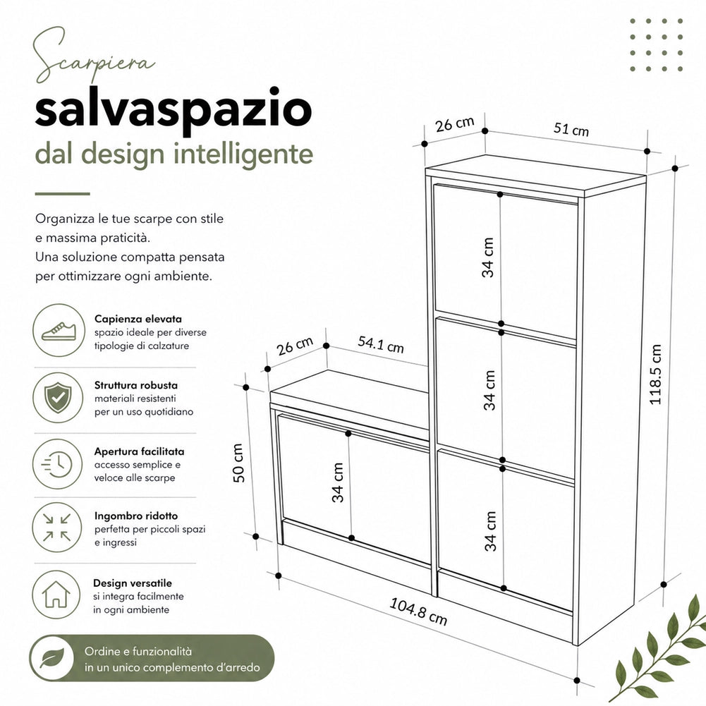 Scarpiera Salvaspazio 3 Ante Mobile Portascarpe 105x118,5 cm Multiuso Bianco