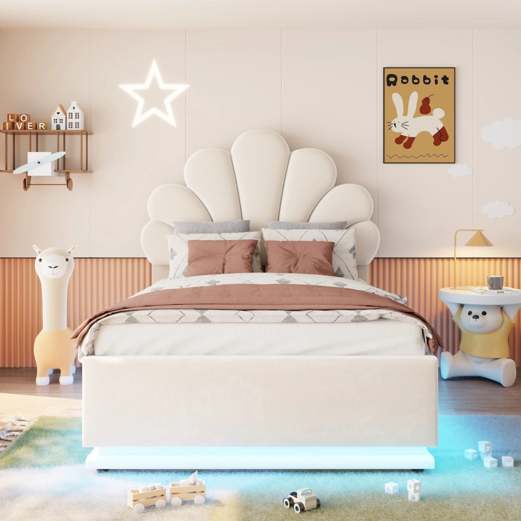 Letto contenitore 90 x 200 cm, testiera a fiore, contenitore idraulico, LED, velluto beige