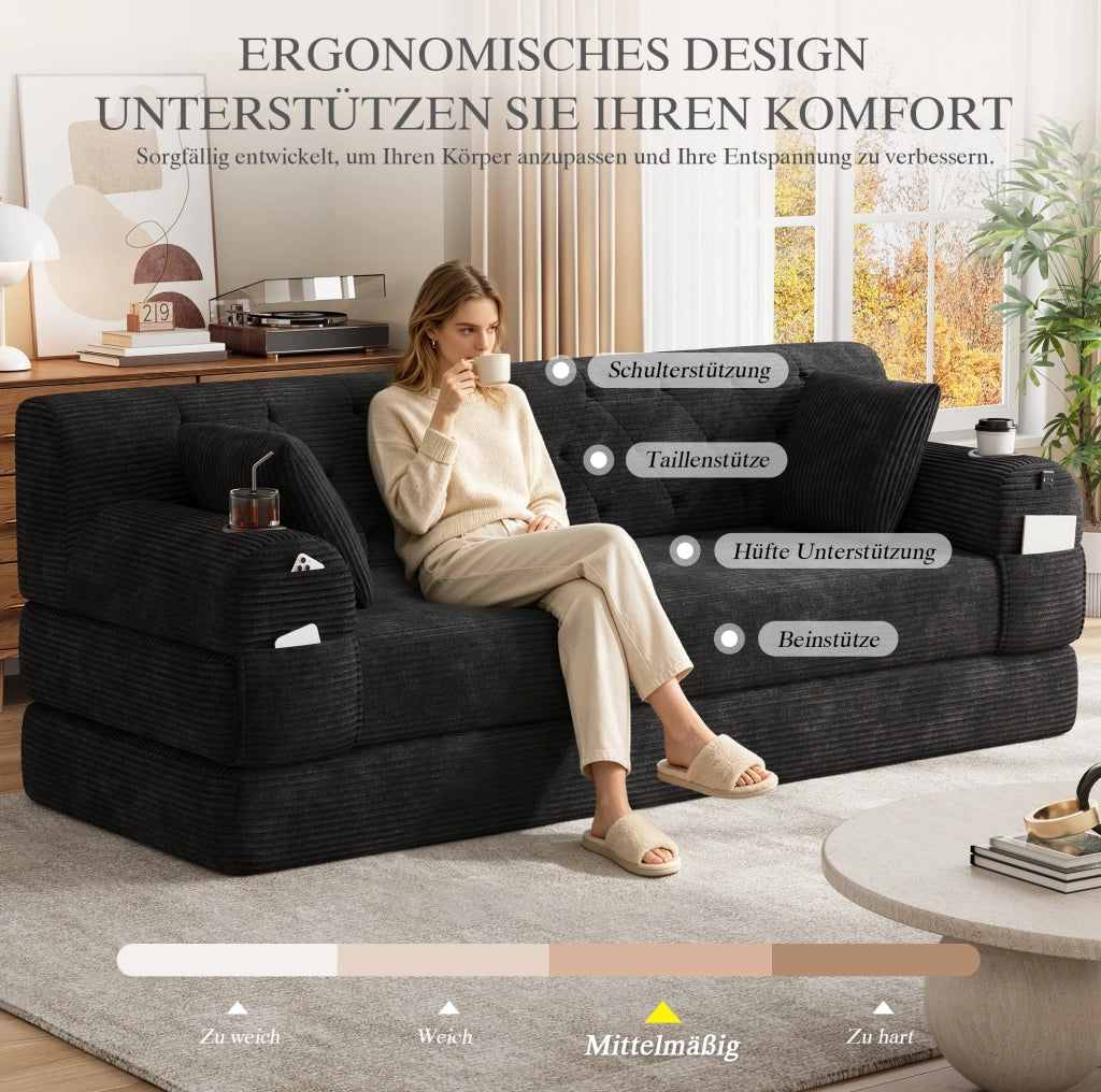 Divano letto 3 posti con rivestimento in velluto a coste, schienale alto, struttura in metallo, 2 portabicchieri e 4 tasche laterali, nero