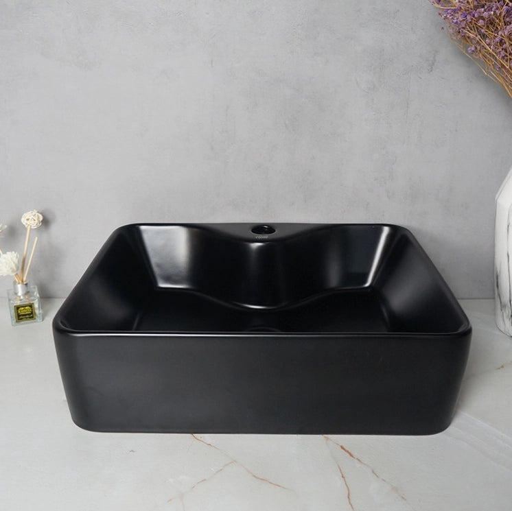 Lavabo da appoggio rettangolare in ceramica nera opaca da posizionare sul piano di lavoro