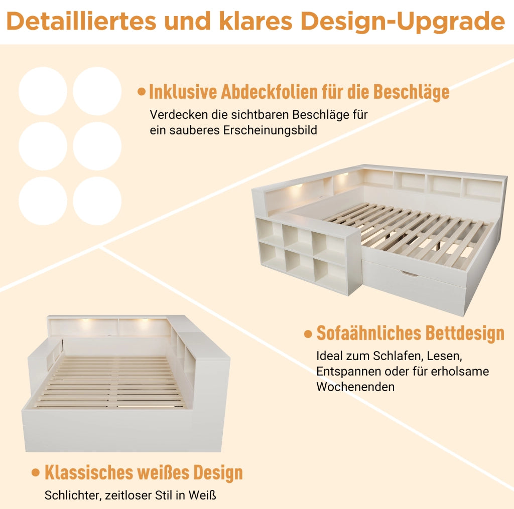Letto singolo 90x200 cm in legno bianco con contenitore; prese USB e luci integrate