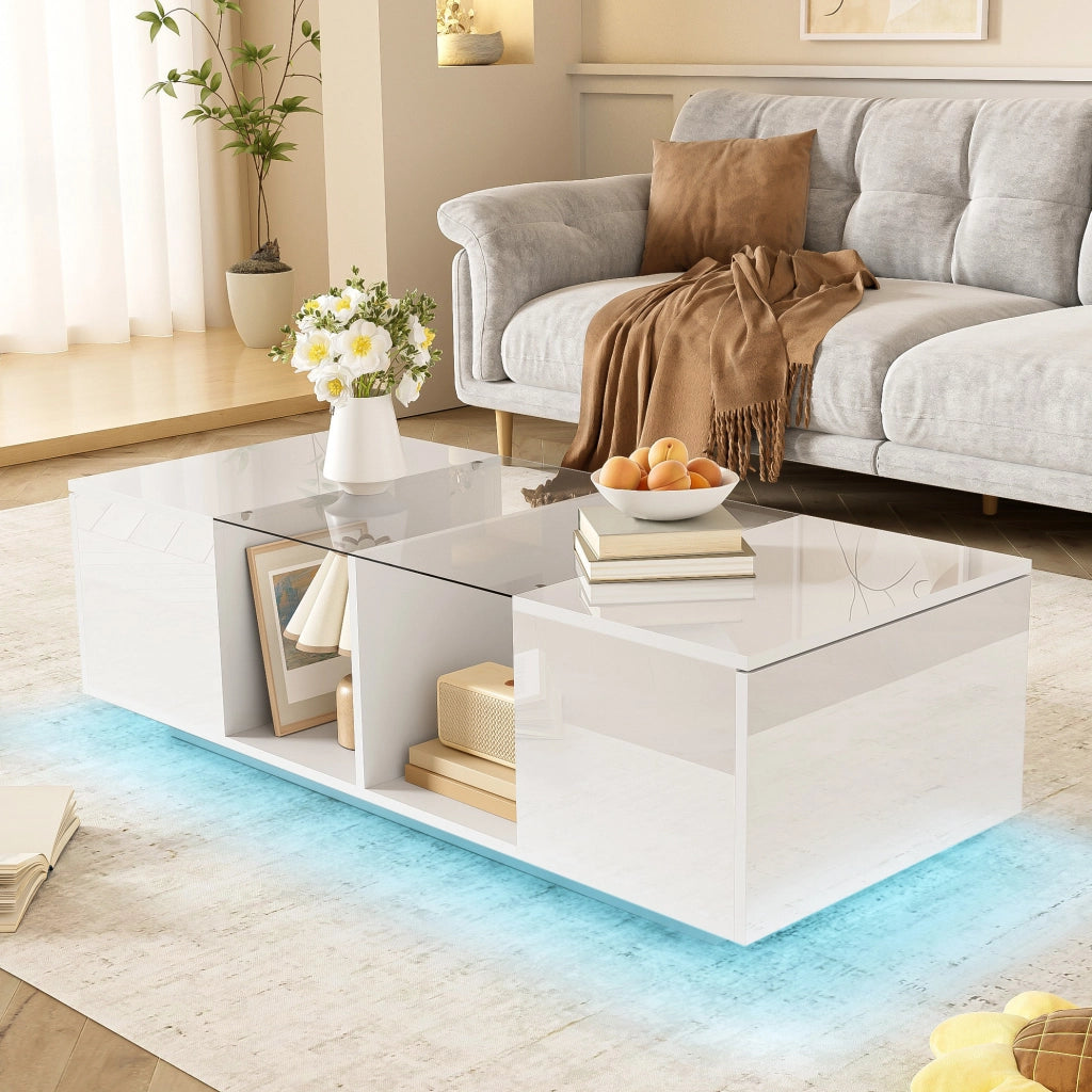 Tavolino da caffè moderno bianco 120 x 50 x 38;5 cm con LED e piano in vetro