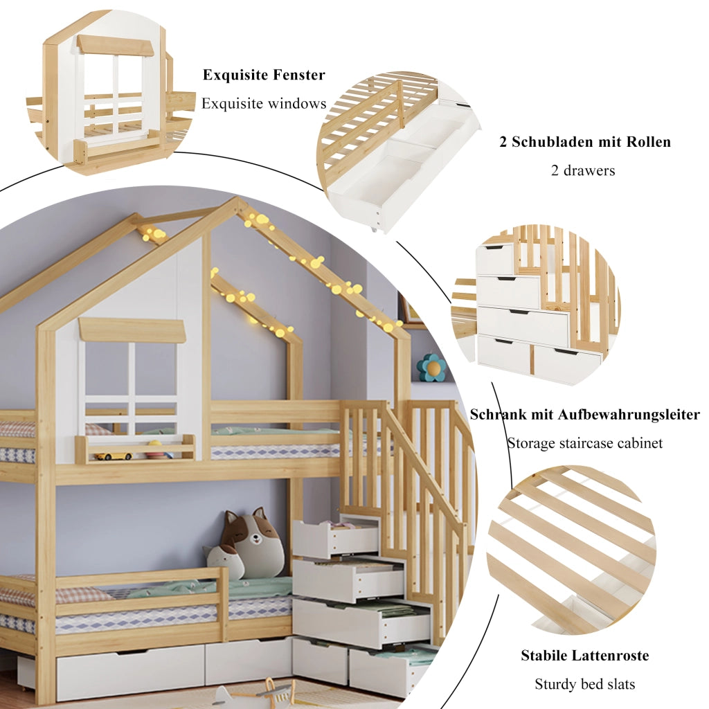 Letto a castello per bambini 90x200 cm in pino e MDF; a casetta; bianco e naturale; con scala contenitore e cassetti