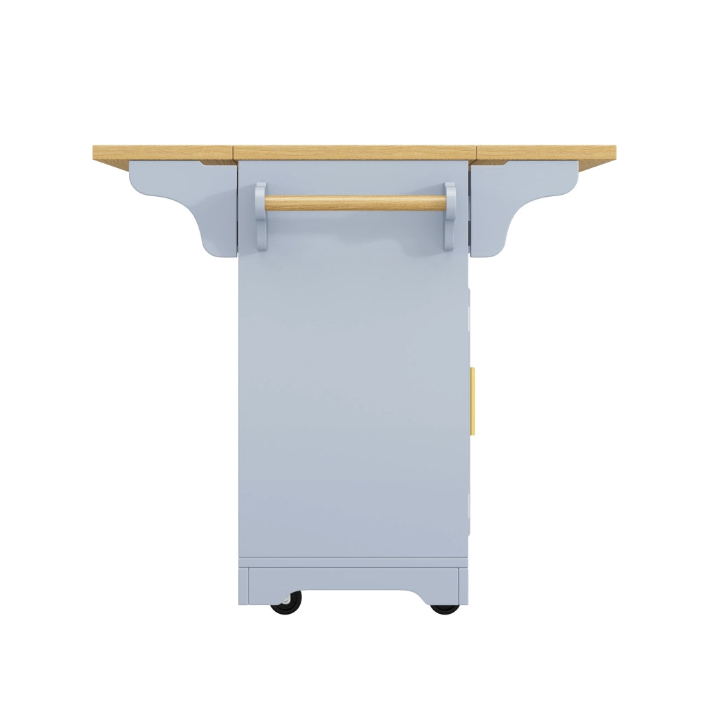 Isola cucina ULEVR 120x40(80)x95 cm su ruote, 3 cassetti e piani ribaltabili, blu effetto rovere