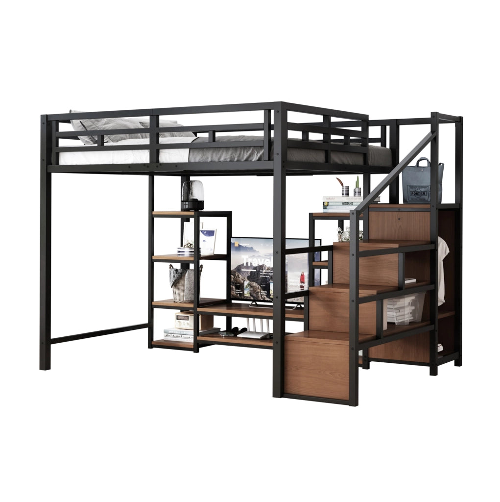 LETTO a soppalco 140x200 cm con supporto TV e presa, nero