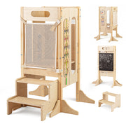 Torre pieghevole bambini sgabello cucina legno 2 scalini rete sicurezza, Torre apprendimento lavagna giochi montessori bambini 3+ anni Naturale