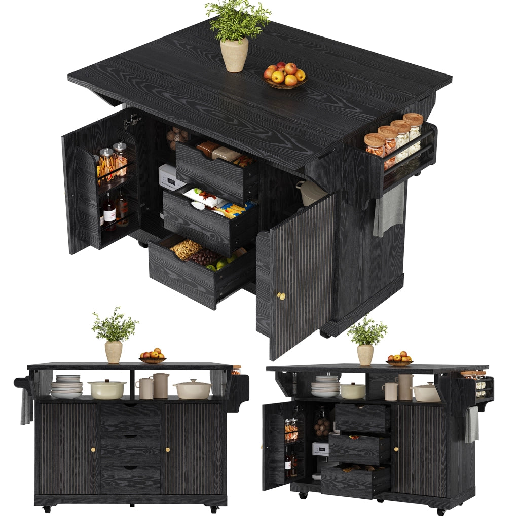 Carrello da cucina con 3 cassetti piani laterali pieghevoli e ripiani regolabili in MDF e metallo nero