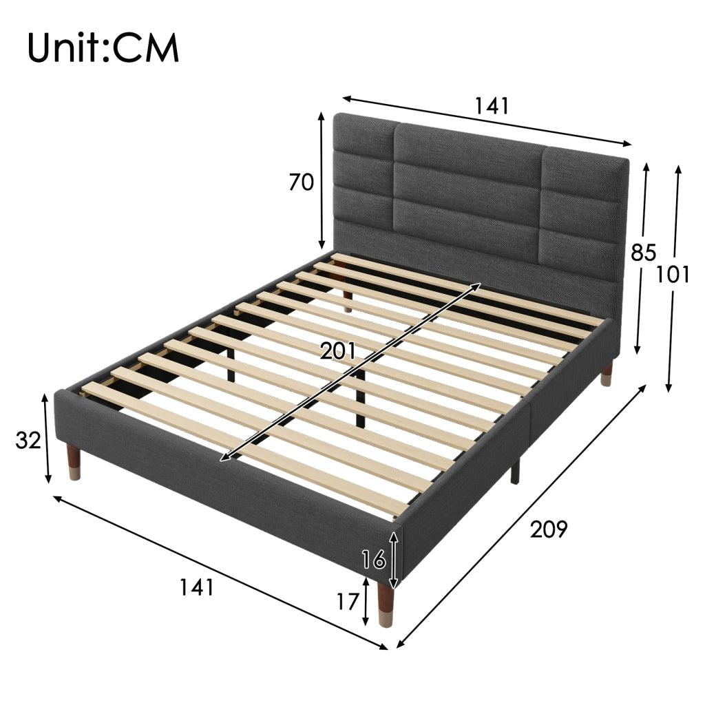 Letto matrimoniale 140 × 200 cm 2 posti con testiera imbottita e spazio sottoletto, materasso incluso, grigio