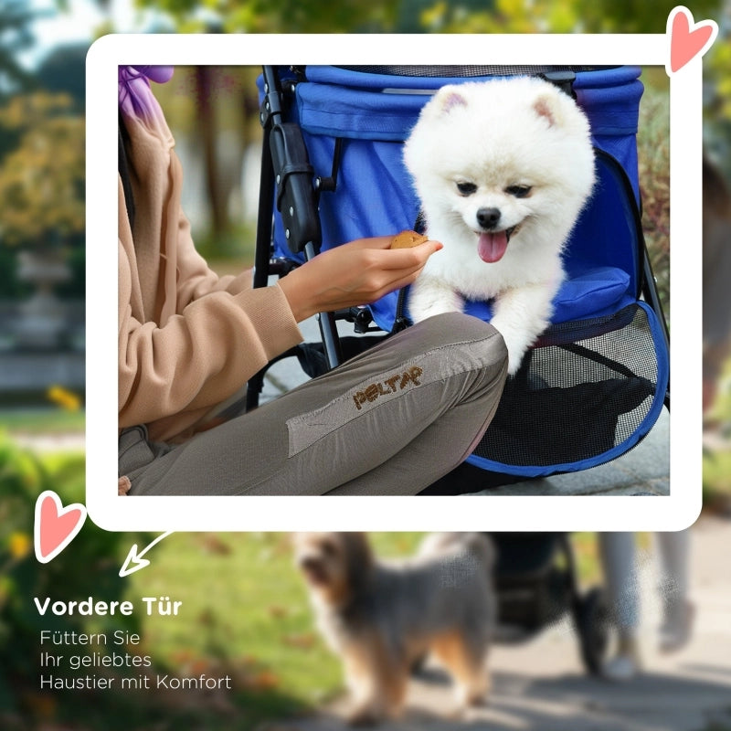 Passeggino per animali pieghevole con 4 ruote doppie girevoli freni posteriori tessuto Oxford blu 67 × 45 × 96 cm