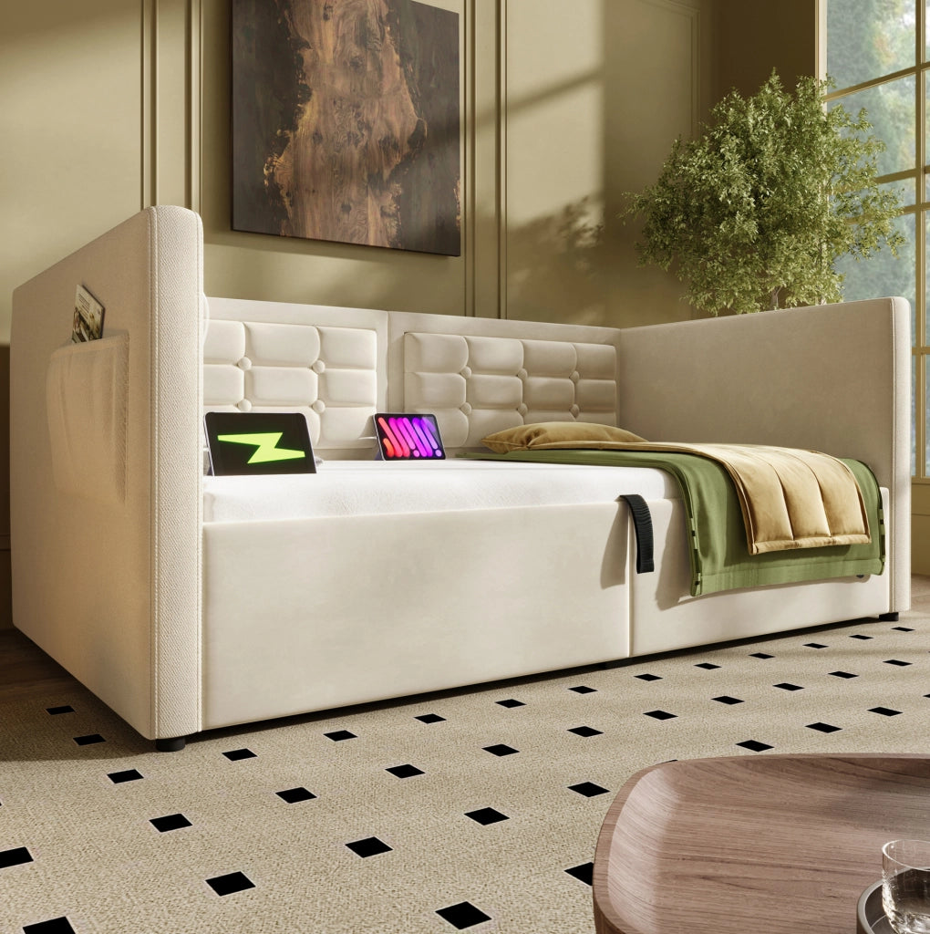 Divano letto singolo 90x200 cm con contenitore e ricarica USB-C