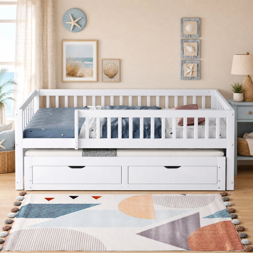 Letto con letto estraibile 90 × 200 cm con due cassetti rete a doghe e barriera perimetrale in legno bianco