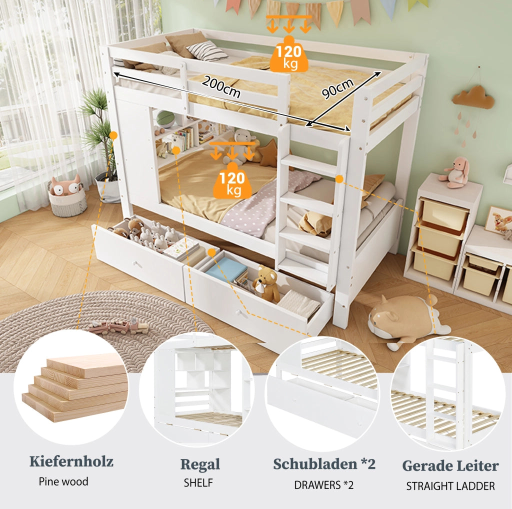 Letto a castello per bambini 90x200 cm con 2 cassetti; scaffale e scala; bianco