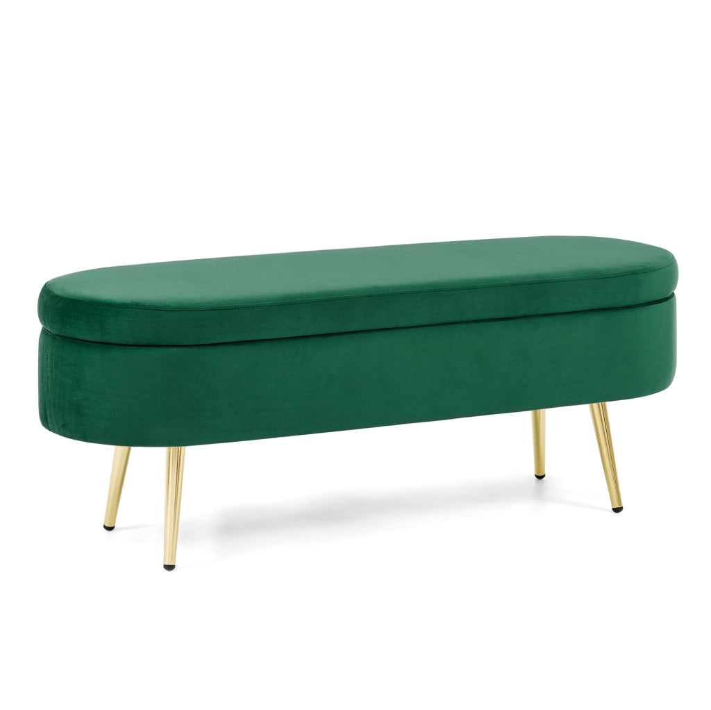 Panca contenitore multifunzione in velluto verde con telaio in legno massello e gambe in metallo, 110x40x42 cm, 20L di spazio