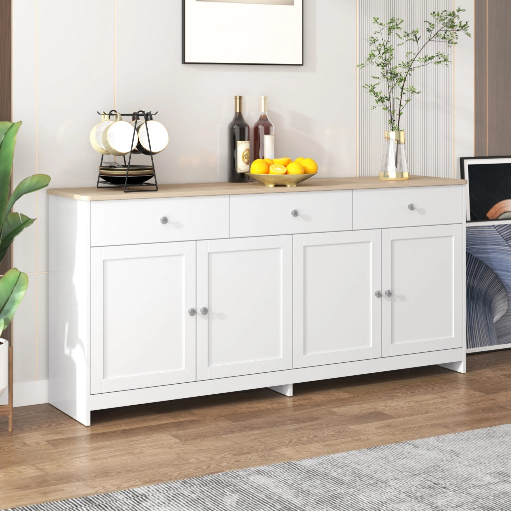 Credenza 160x37x75 cm con 4 ante; 3 cassetti e ripiani regolabili; bianco ed effetto legno