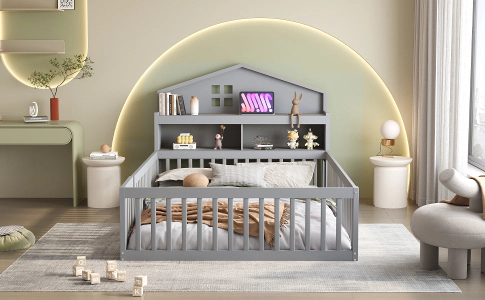 Letto per bambini a pavimento 140 × 200 cm con lavagna ripiani protezione porta e rete a doghe grigio