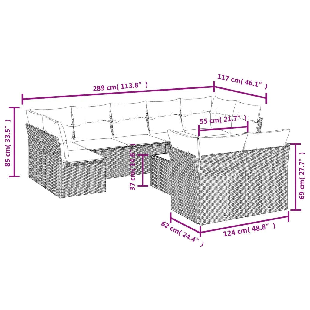 Set Divano da Giardino 10 pz con Cuscini Grigio in Polyrattan