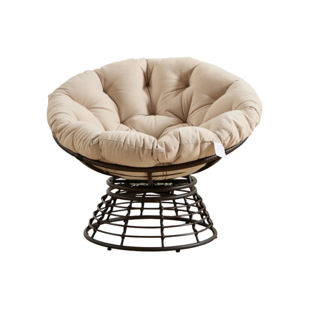 Sedia Papasan Girevole in Rattan Marrone con Cuscino Beige Morbido e Spesso, Struttura in Acciaio, 92 cm, Ideale per Soggiorno e Camera