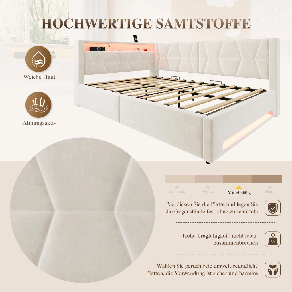 Letto contenitore matrimoniale 140 × 200 cm con vano idraulico, LED, USB e Type-C, senza materasso, beige