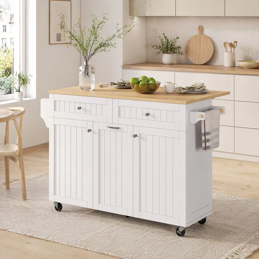 Mobile base da cucina con piano estraibile e pieghevole; cassetti multifunzione; bianco e naturale 140 × 40-70 × 92 cm