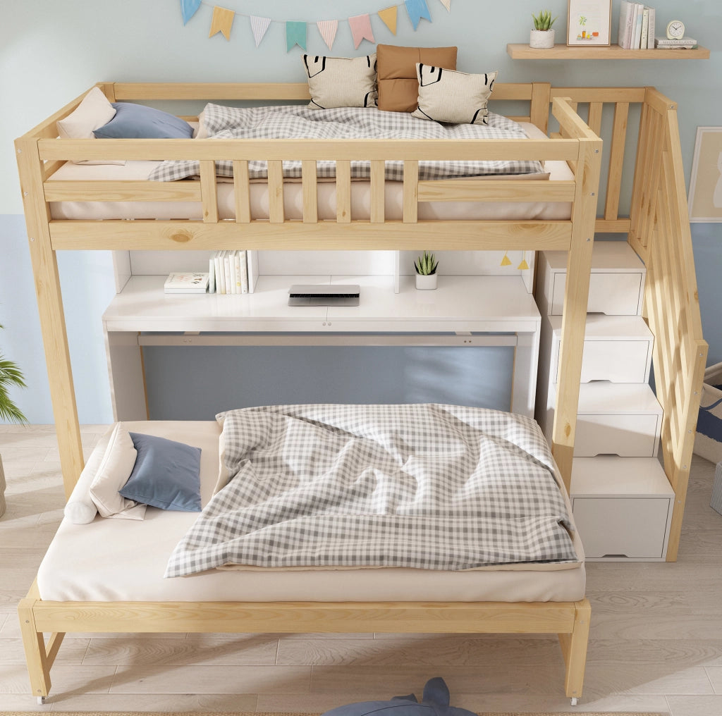 Letto a castello 90x200/90x190 cm con scrivania e letto estraibile in pino, compensato e MDF