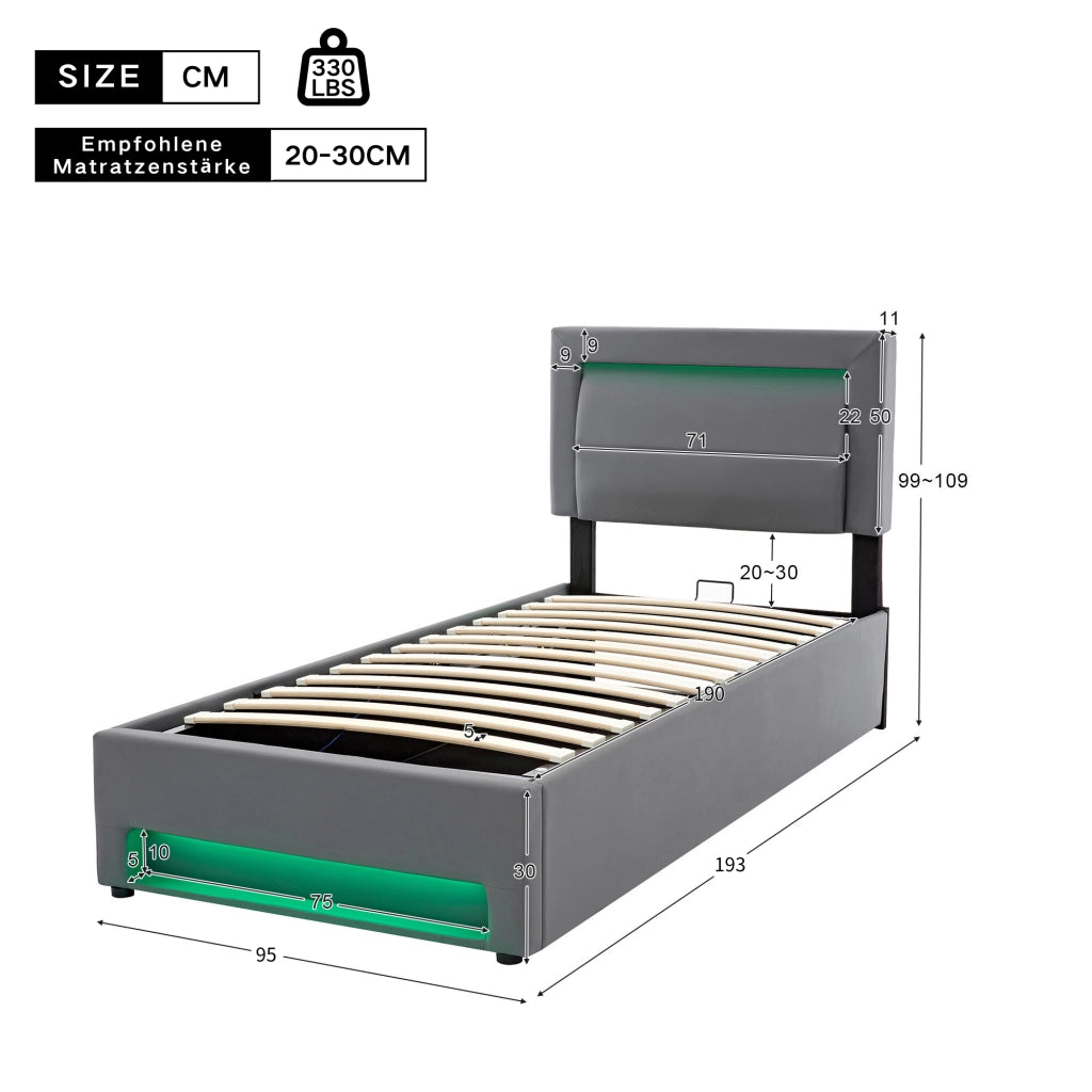 Letto imbottito con vano portaoggetti; USB a scomparsa; ricarica wireless e LED con telecomando; rivestito in PU grigio