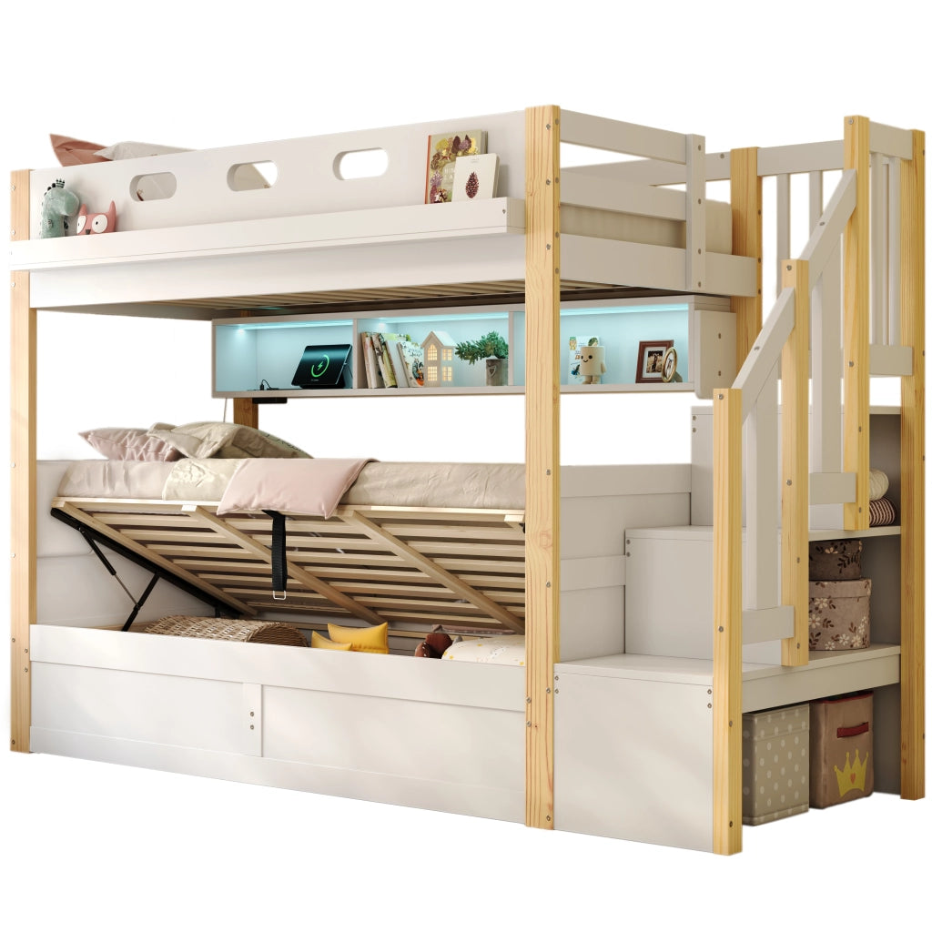 Letto a castello per bambini 90 × 200 cm con contenitore scala con vani LED USB e testiera imbottita bianco