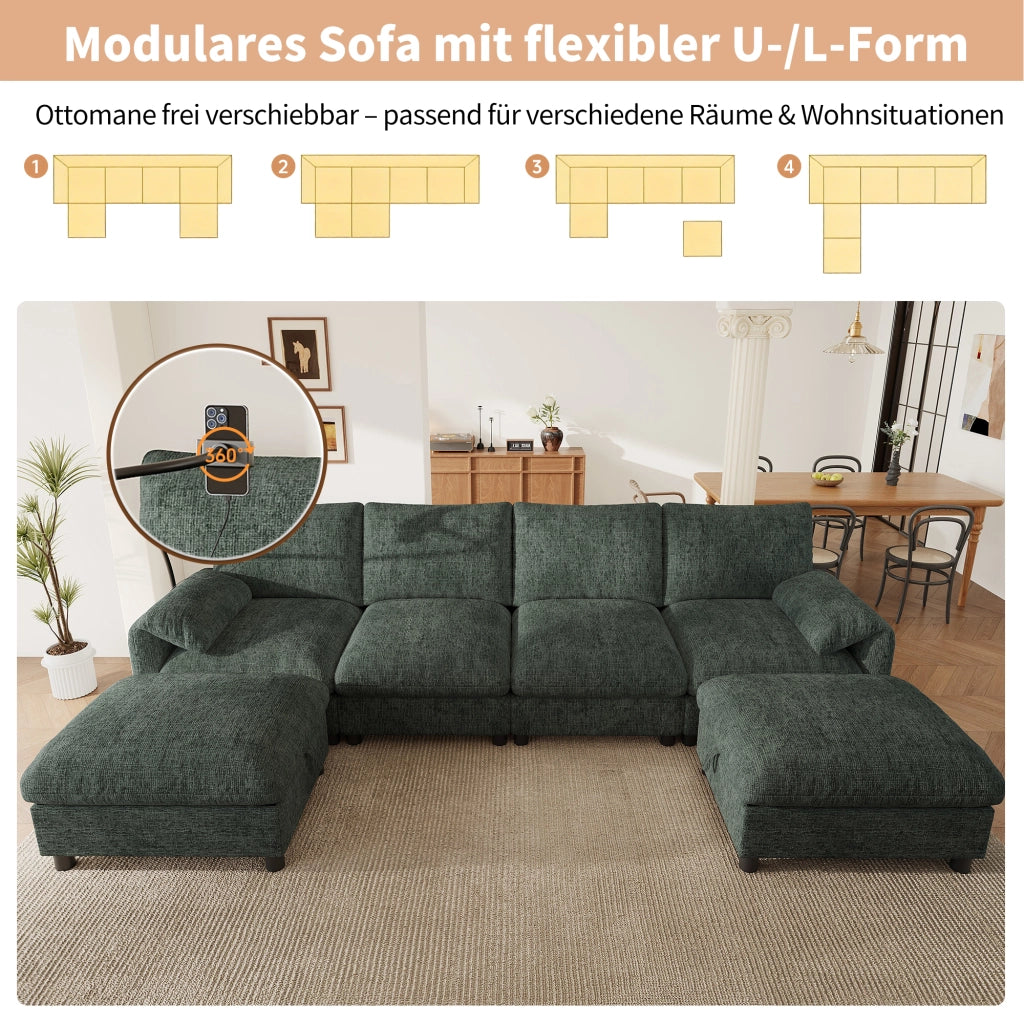 Divano modulare 6 posti a L/U con pouf contenitore; USB e Type-C; chenille verde