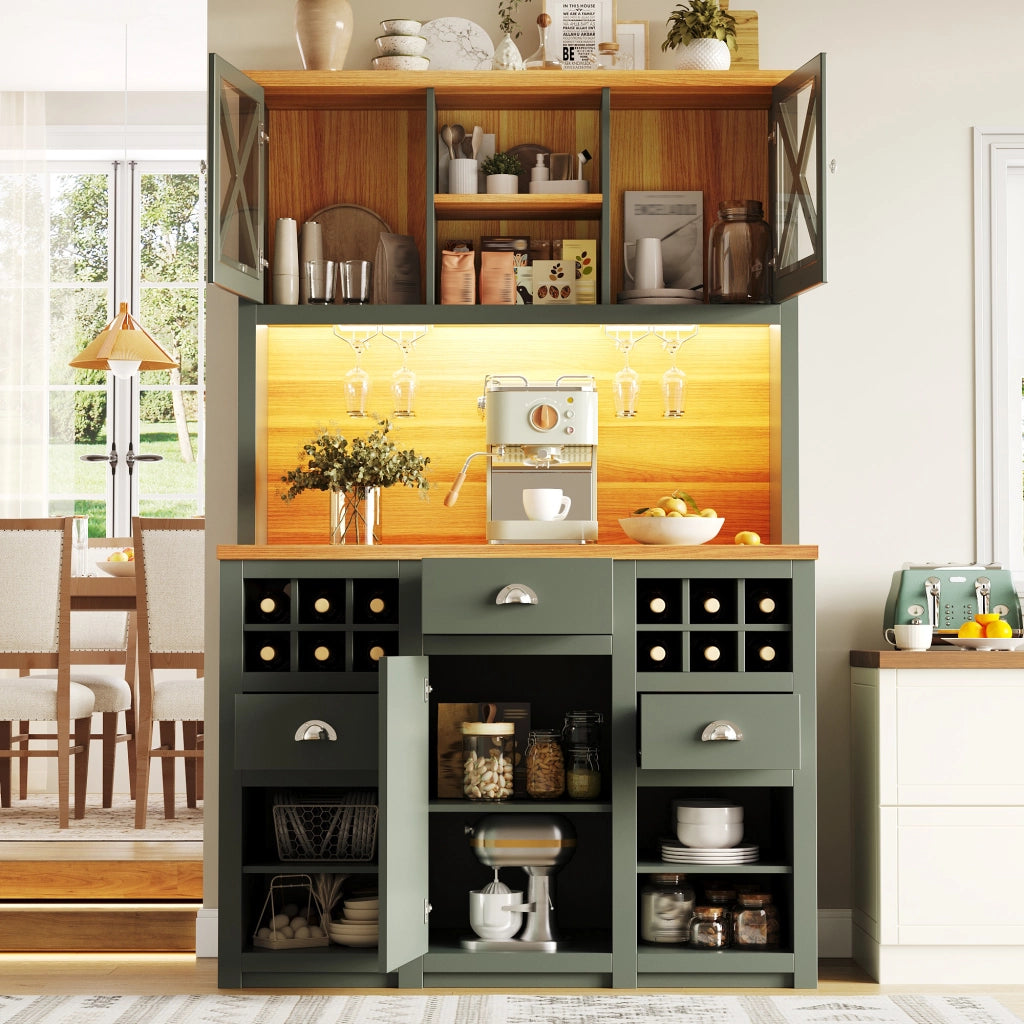 Mobile colonna da cucina con ripiani regolabili; illuminazione LED; prese integrate; portabottiglie e vetro verde 120 × 45 × 188 cm