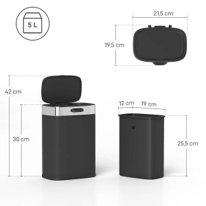 Cestino per rifiuti da cucina 5 l in acciaio inox nero con coperchio a pressione e secchio interno estraibile