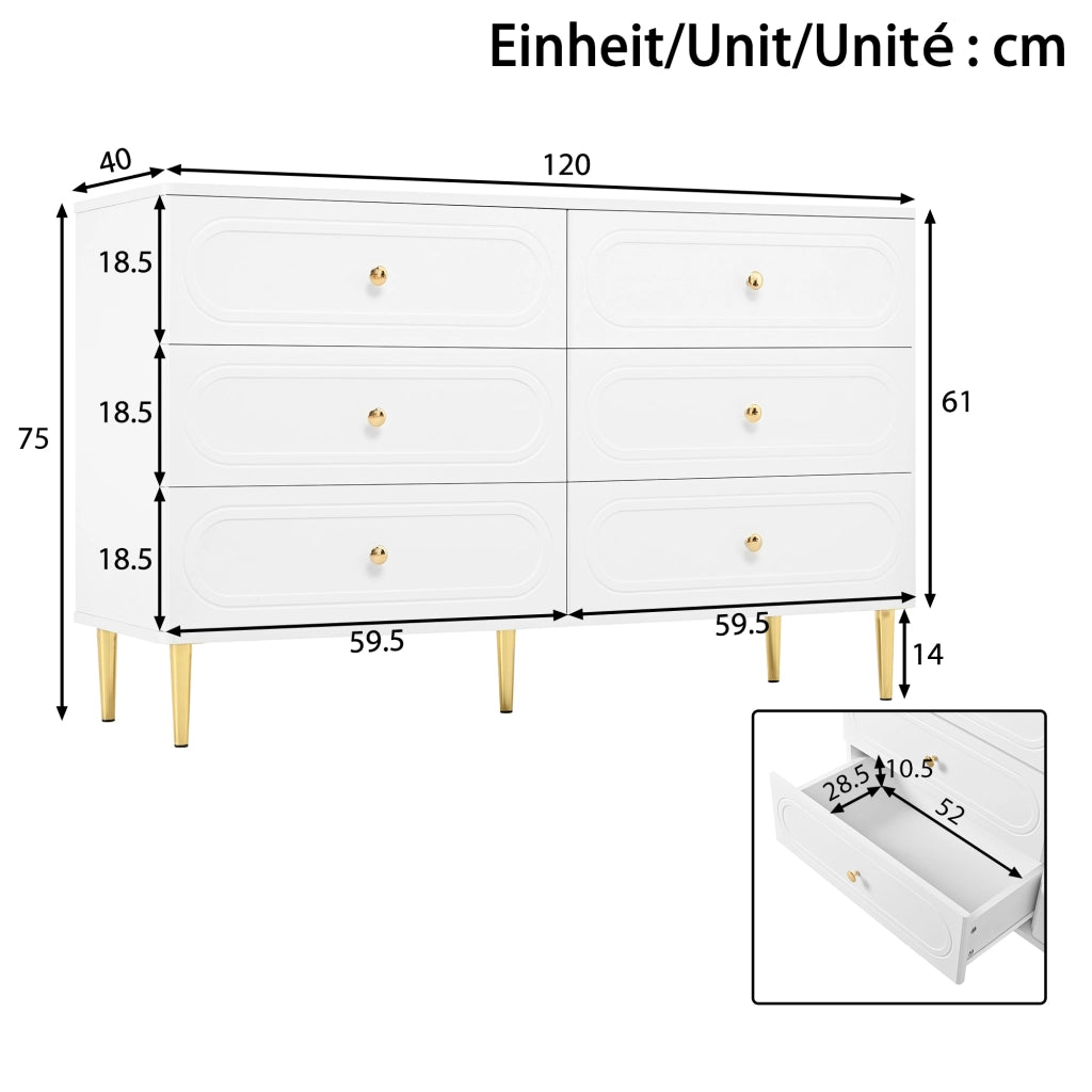 CREDENZA 6 Cassetti 120x40x75 cm Bianca in MDF e pannello truciolare