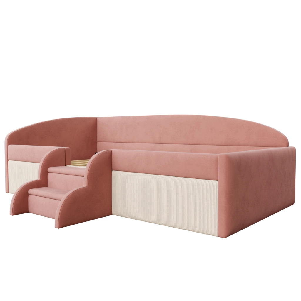 Letto imbottito per bambini 90x190 cm rosa e bianco con gradini e sponde