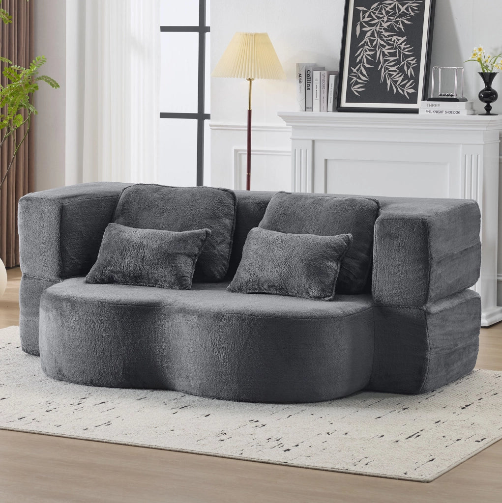 Divano letto da pavimento pieghevole blu e grigio con 4 cuscini