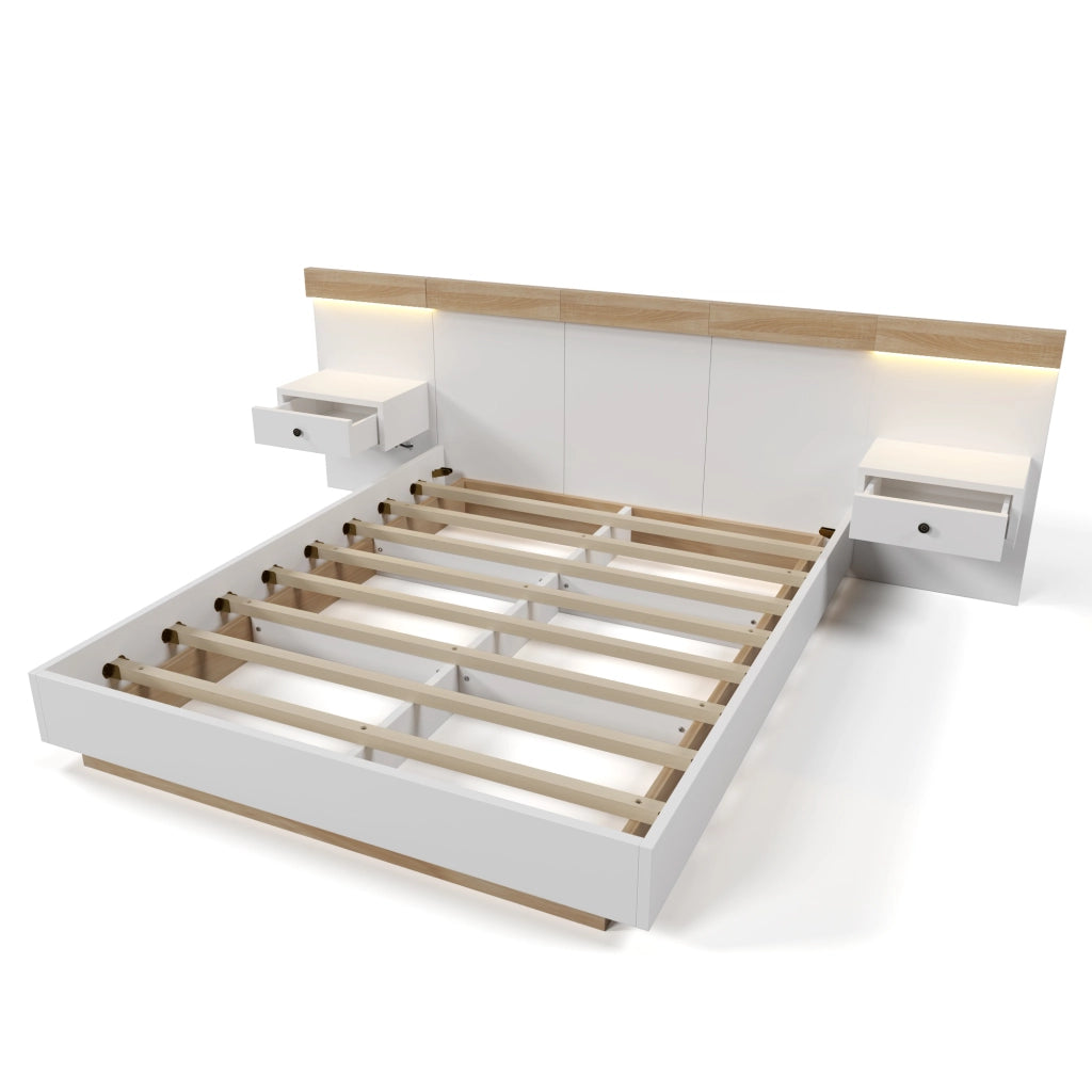 Set letto completo; 180x200cm; con 2 comodini LED e USB C; bianco quercia