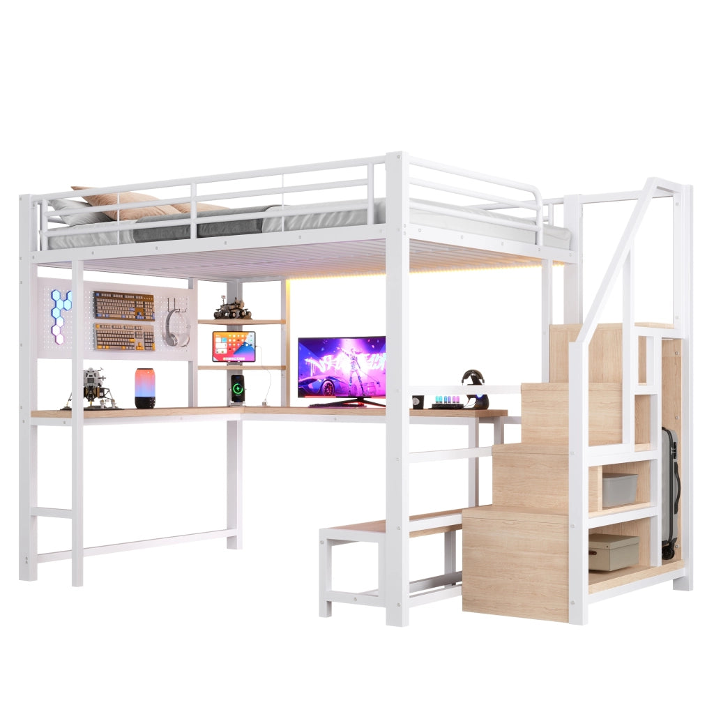 Letto a Soppalco 140x200 cm, con Scrivania, USB e Type-C, LED e Mensole
