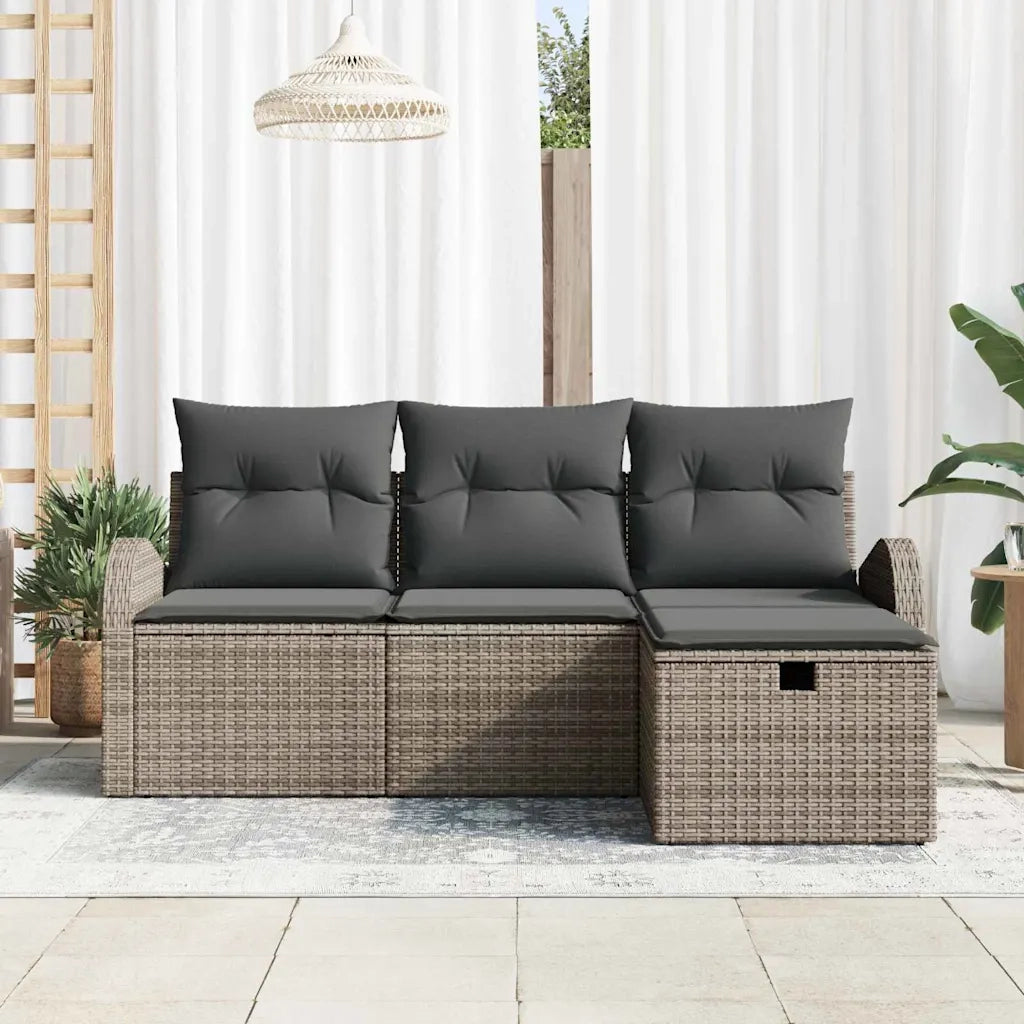 Set Divano da Giardino con cuscino 4 pz | Set Salotto da Giardino Grigio Poly Rattan