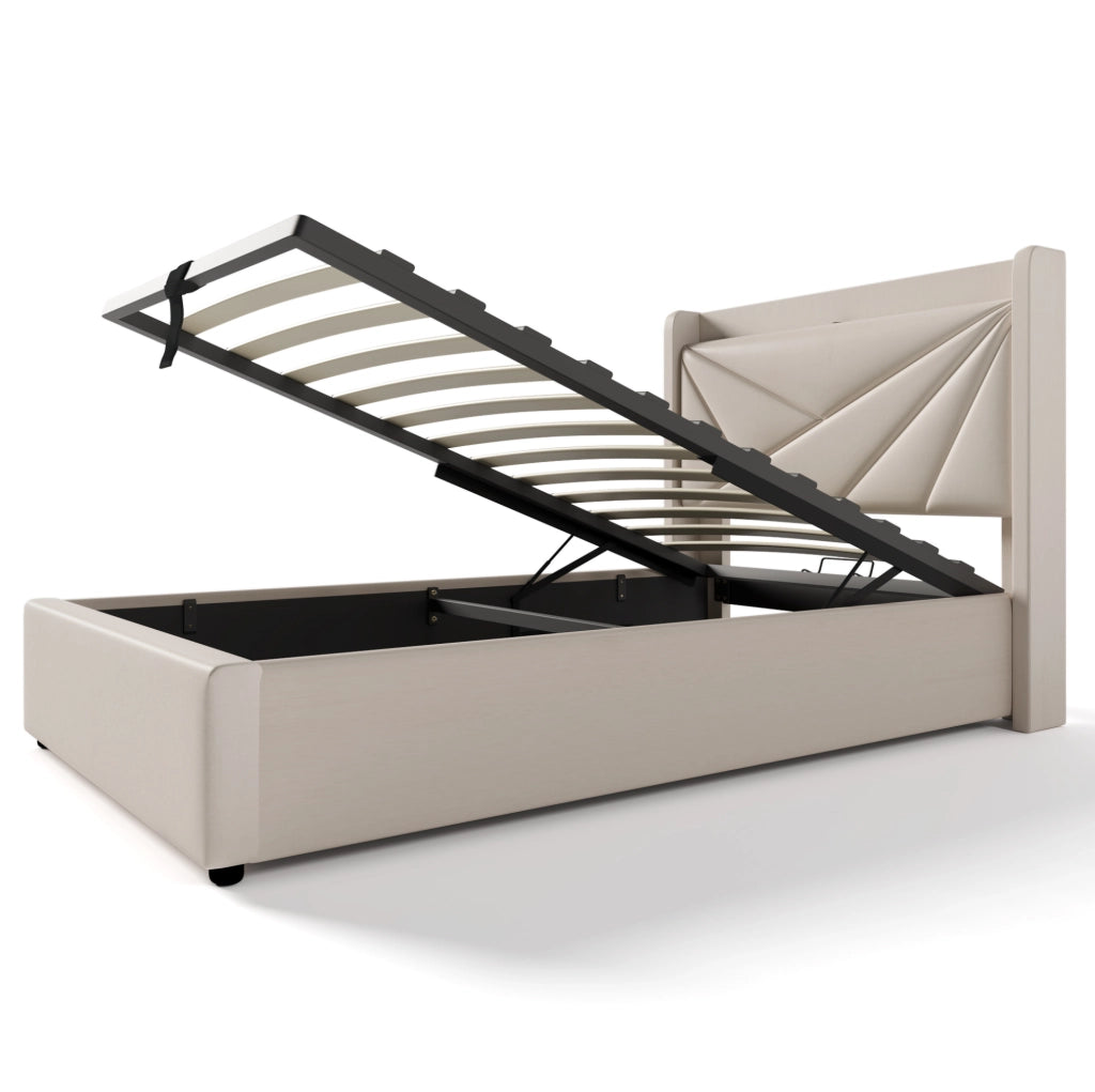 Letto singolo con contenitore 90x200 cm; testiera con USB e Type-C; beige