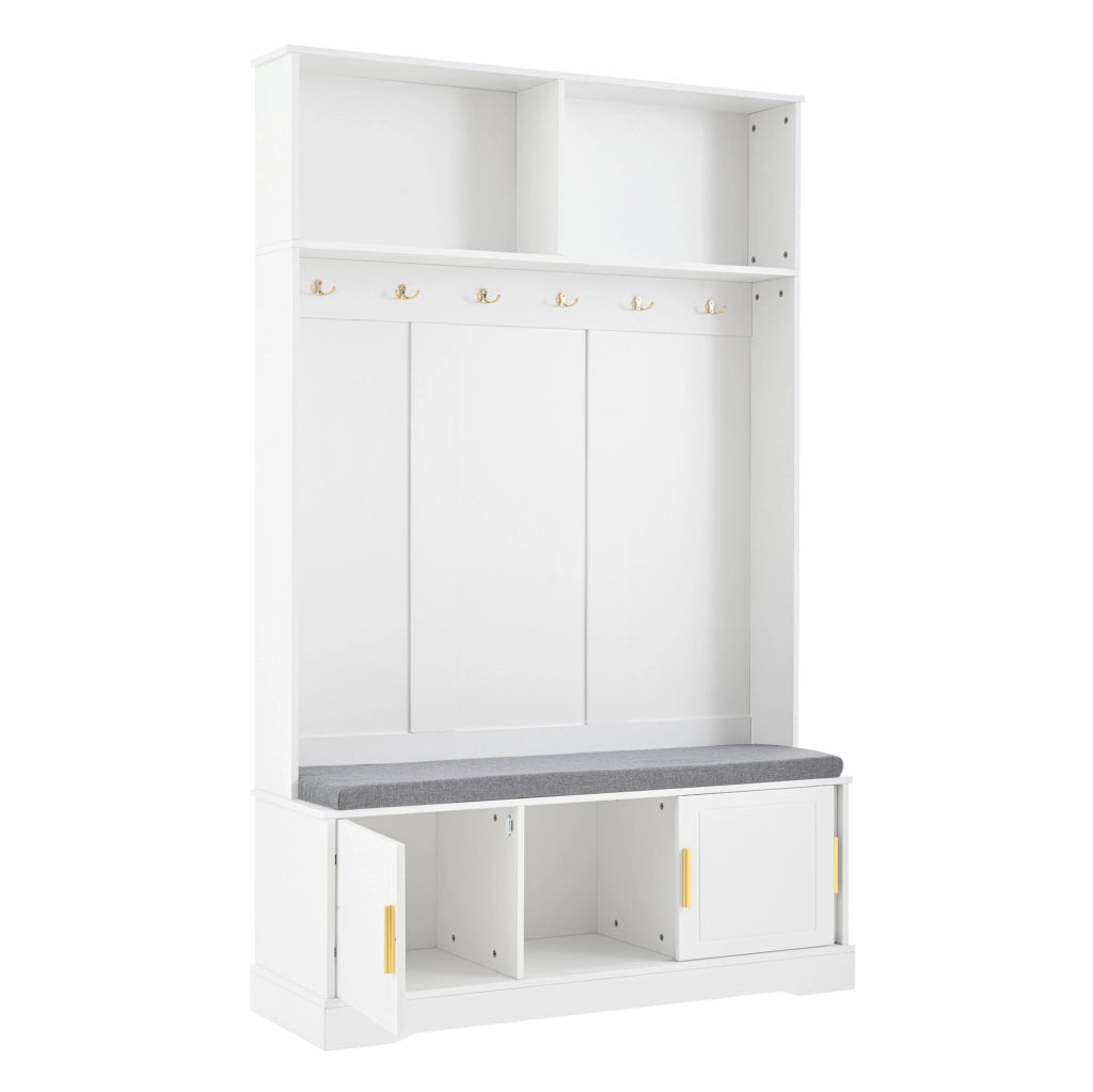 Appendiabiti con panca porta scarpe bianco 120×40×191 cm con 6 ganci tripli, design salvaspazio per ingresso e corridoio