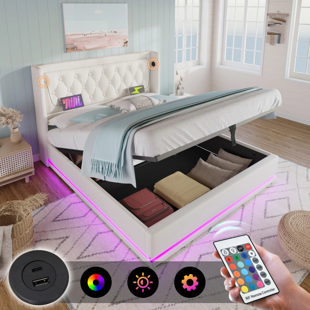 LETTO contenitore 160x200 cm bianco PU con USB Type-C e LED