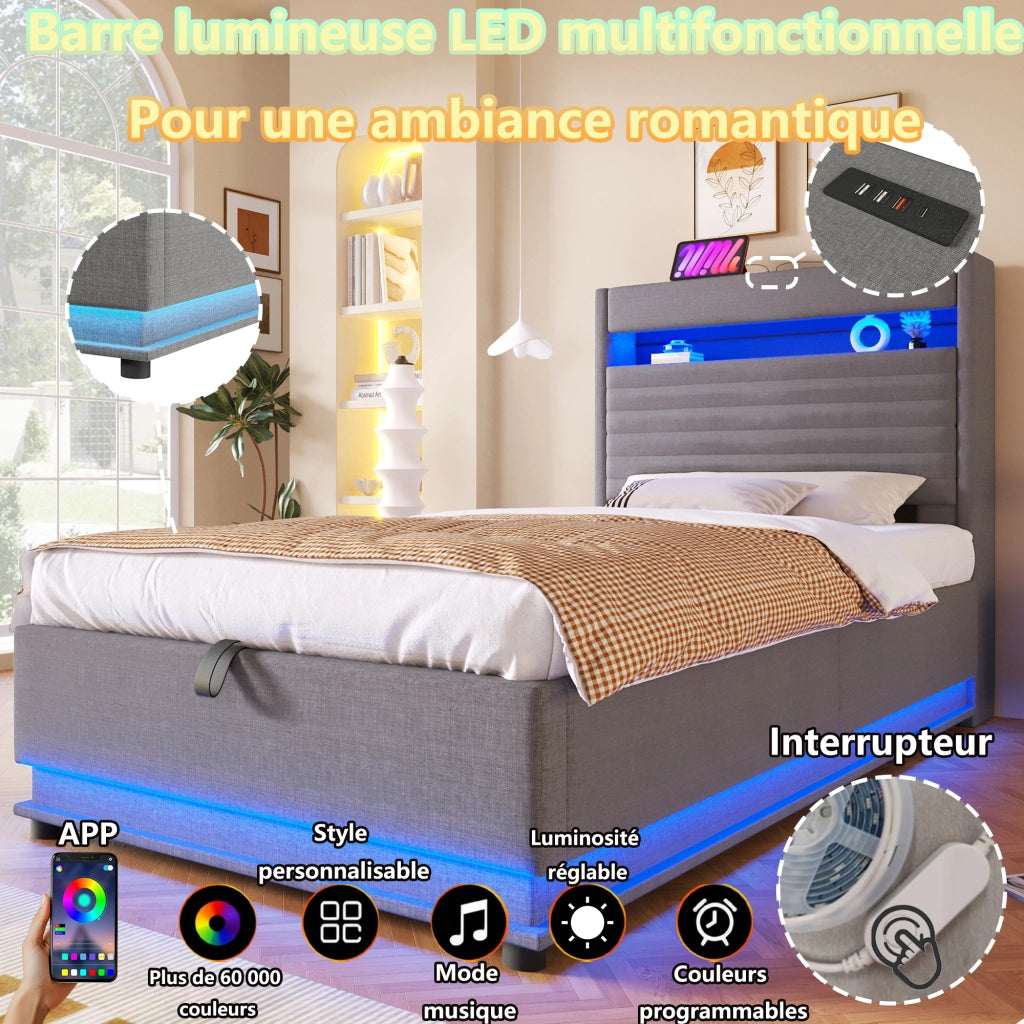 Letto contenitore 90 × 200 cm con LED; USB e porta Type-C; testiera imbottita in lino grigio