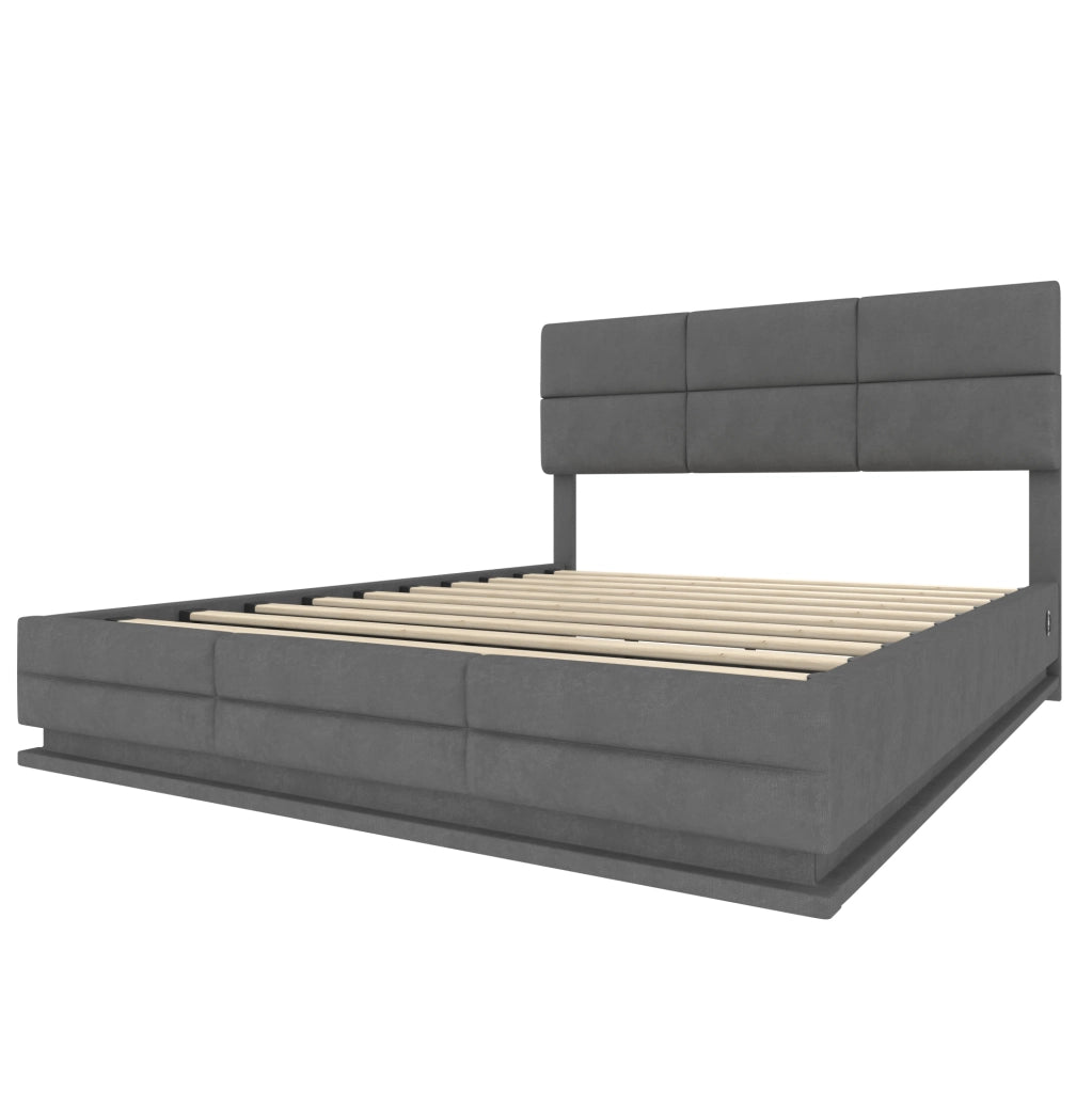 Letto contenitore 180x200 cm in velluto grigio con testiera regolabile; LED dimmerabile e USB