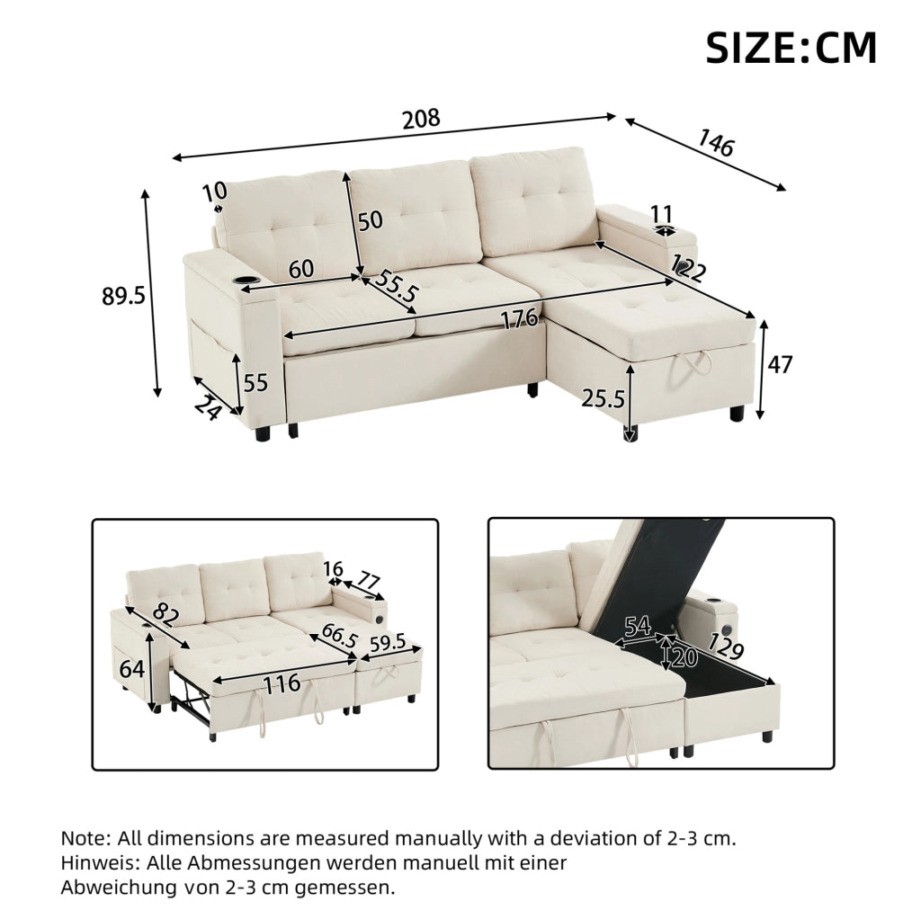 Divano letto pieghevole beige con contenitore e luci LED
