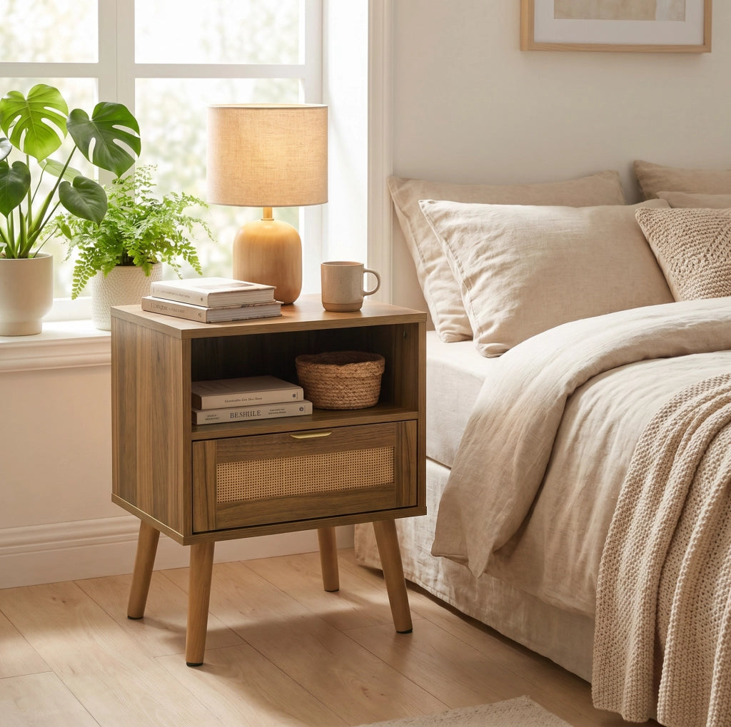 Comodino in rattan effetto noce stile boho con ripiano aperto e maniglie dorate 45x40x55 cm
