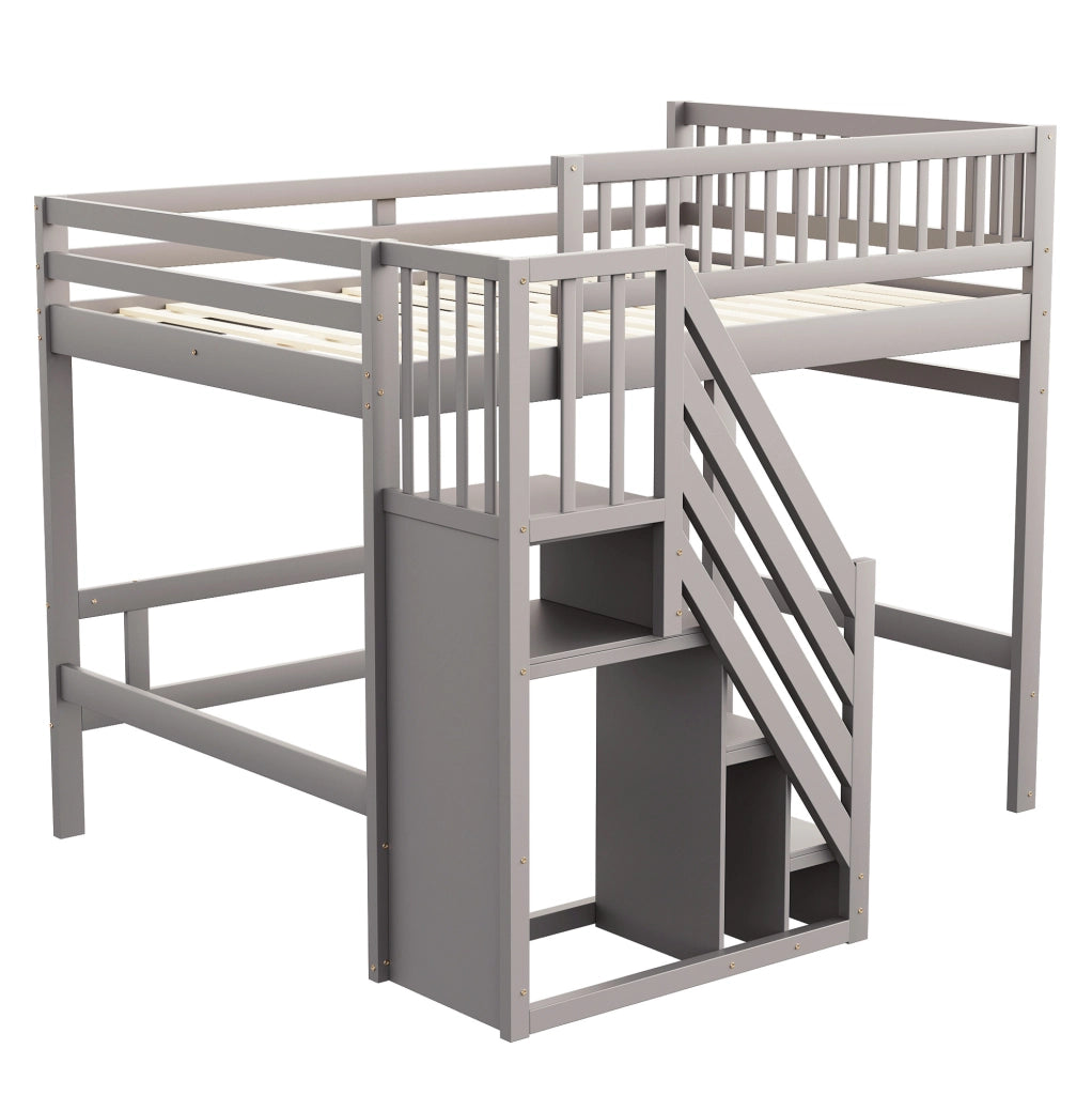 Letto soppalco 140x200 in legno grigio con scala contenitore， senza materasso