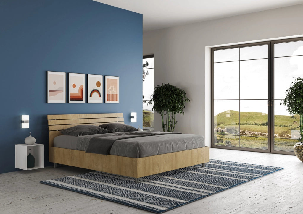 BS COM Letto matrimoniale contenitore doppia alzata 160x190 testata inclinata con doghe quercia